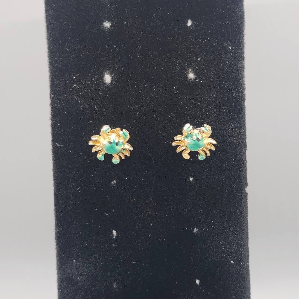 Gold Tone Teal Enamel Crab Stud Earrings 0.5" Nautical Ocean Jewelry